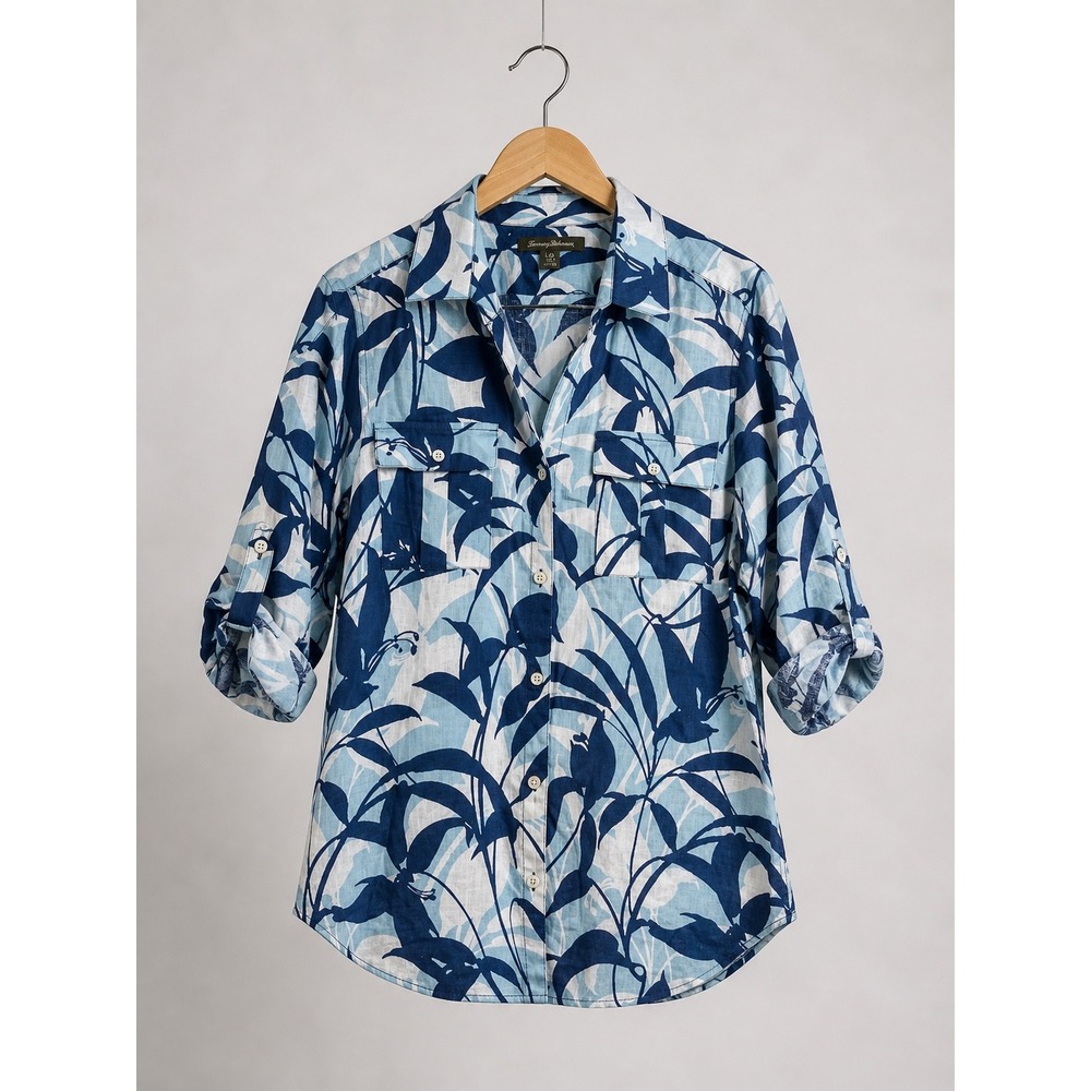Tommy Bahama Womens Blue White Tropical Leaf Print 100% Linen Roll Tab Shirt L